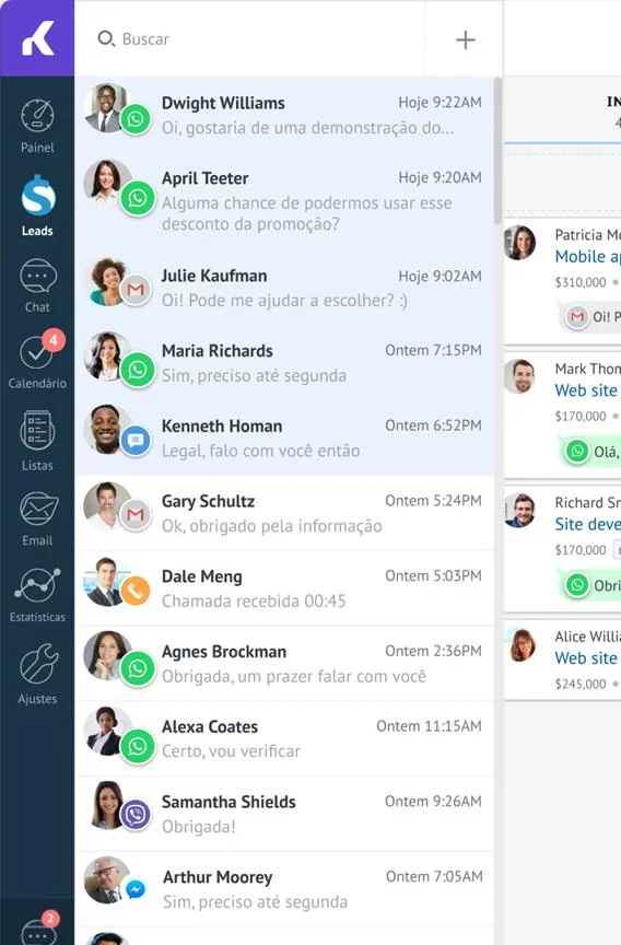 Lista de conversas de vários canais no CRM Kommo