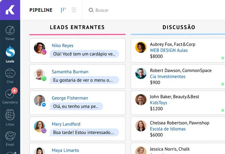 Tela do funil de vendas do CRM Kommo com leads entrantes e em discussão