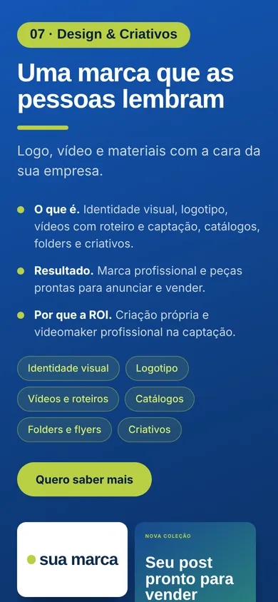 Seção de Design e Criativos do catálogo digital da ROI Digital no celular, em catalogo.roid.com.br