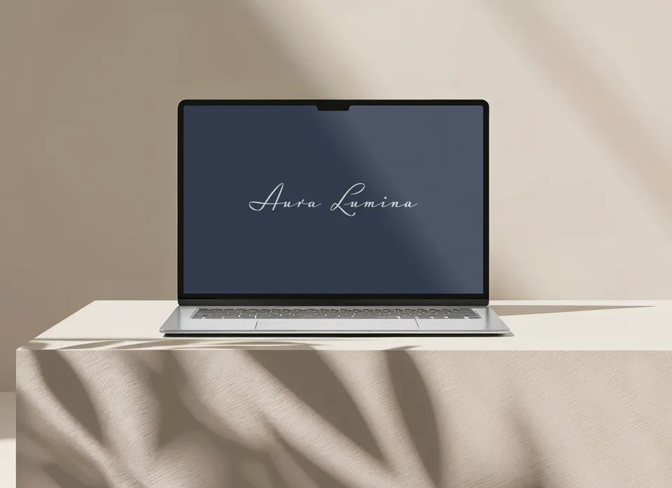 Notebook exibindo a marca Aura Lumina, cena de vídeo de apresentação