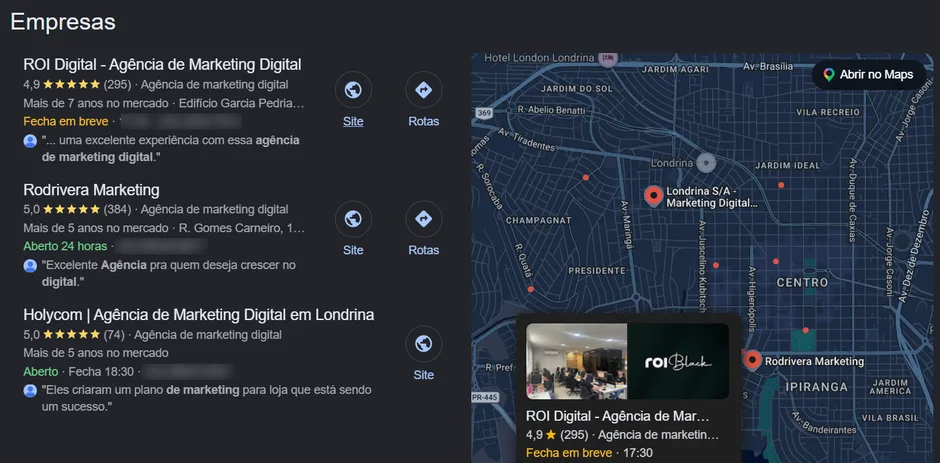 Busca real no Google por agência de marketing digital em Londrina, com a ficha da ROI Digital em primeiro lugar entre as empresas e no mapa