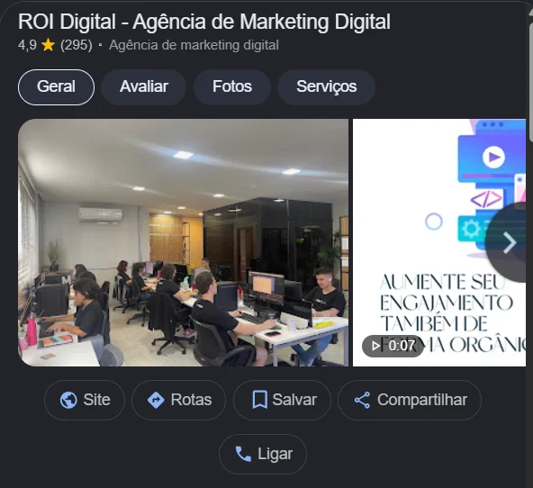 Perfil da Empresa no Google da ROI Digital em Londrina, com nota 4,9 e fotos do escritório